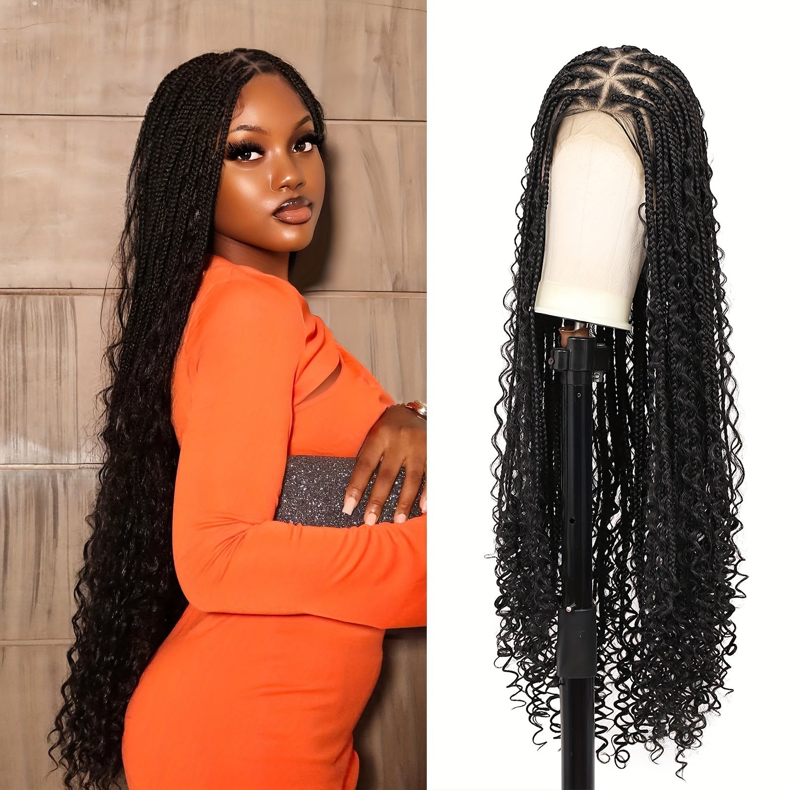 36 Bohemian Chic Box Braids Wig - Triangle Knotless & Curly - Synthetic Embroidered Double Lace Wigs for Women